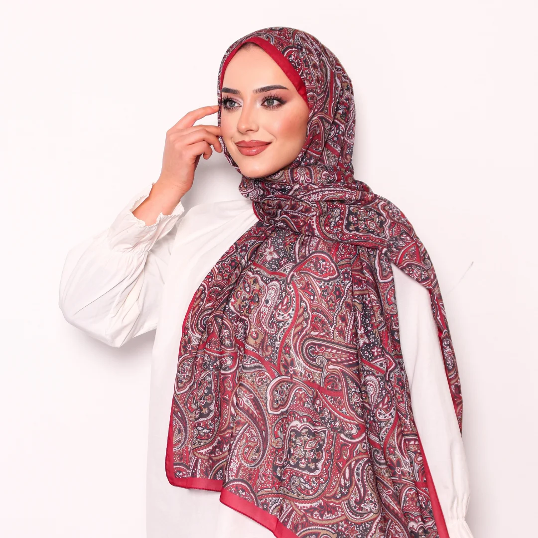 modal ipek pamuk etnik desen şal bordo siyah nisa scarf