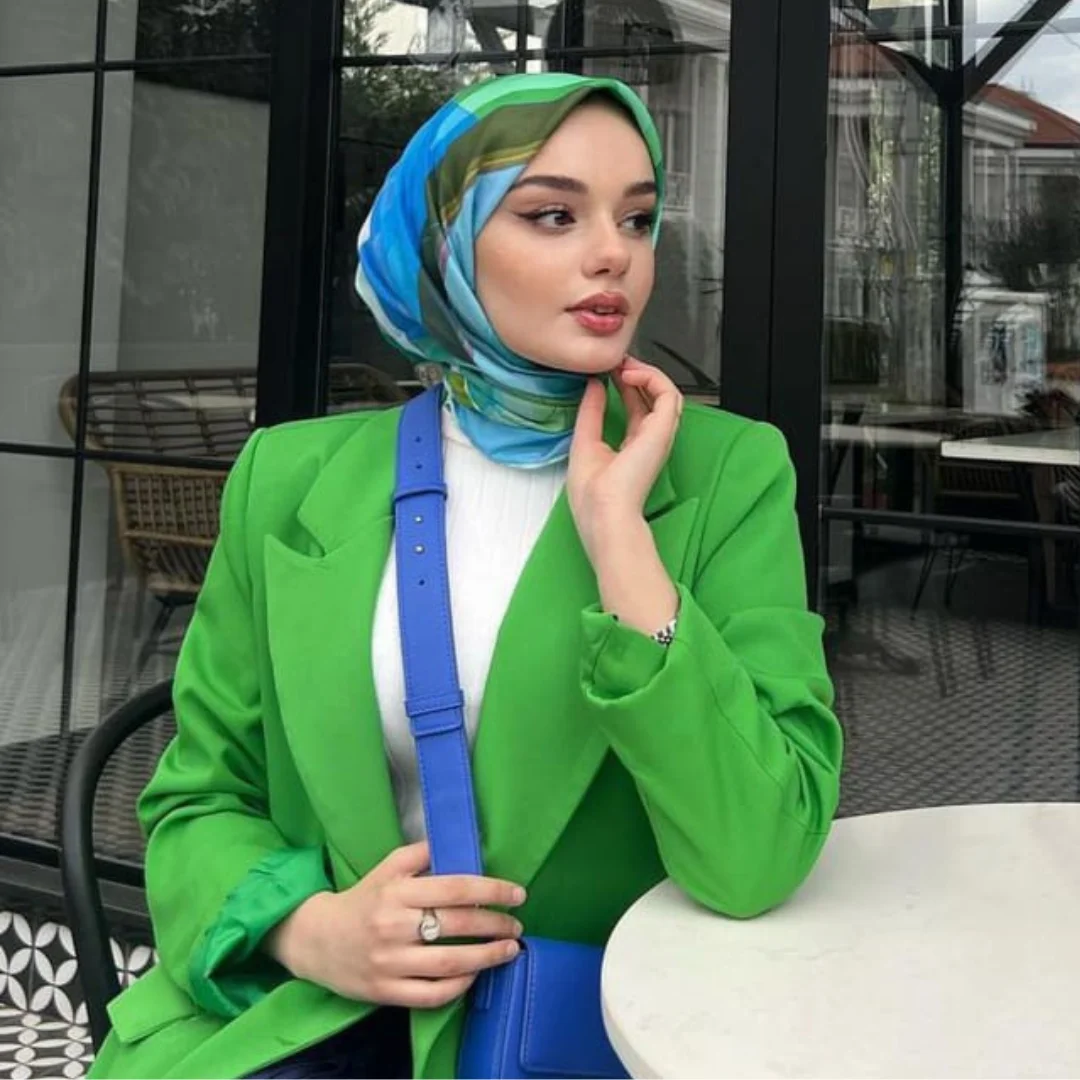 soft pamuk desenli eşarp benetton yeşili mavi nisa scarf