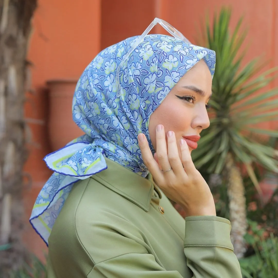 soft pamuk desenli eşarp sarı mavi nisa scarf