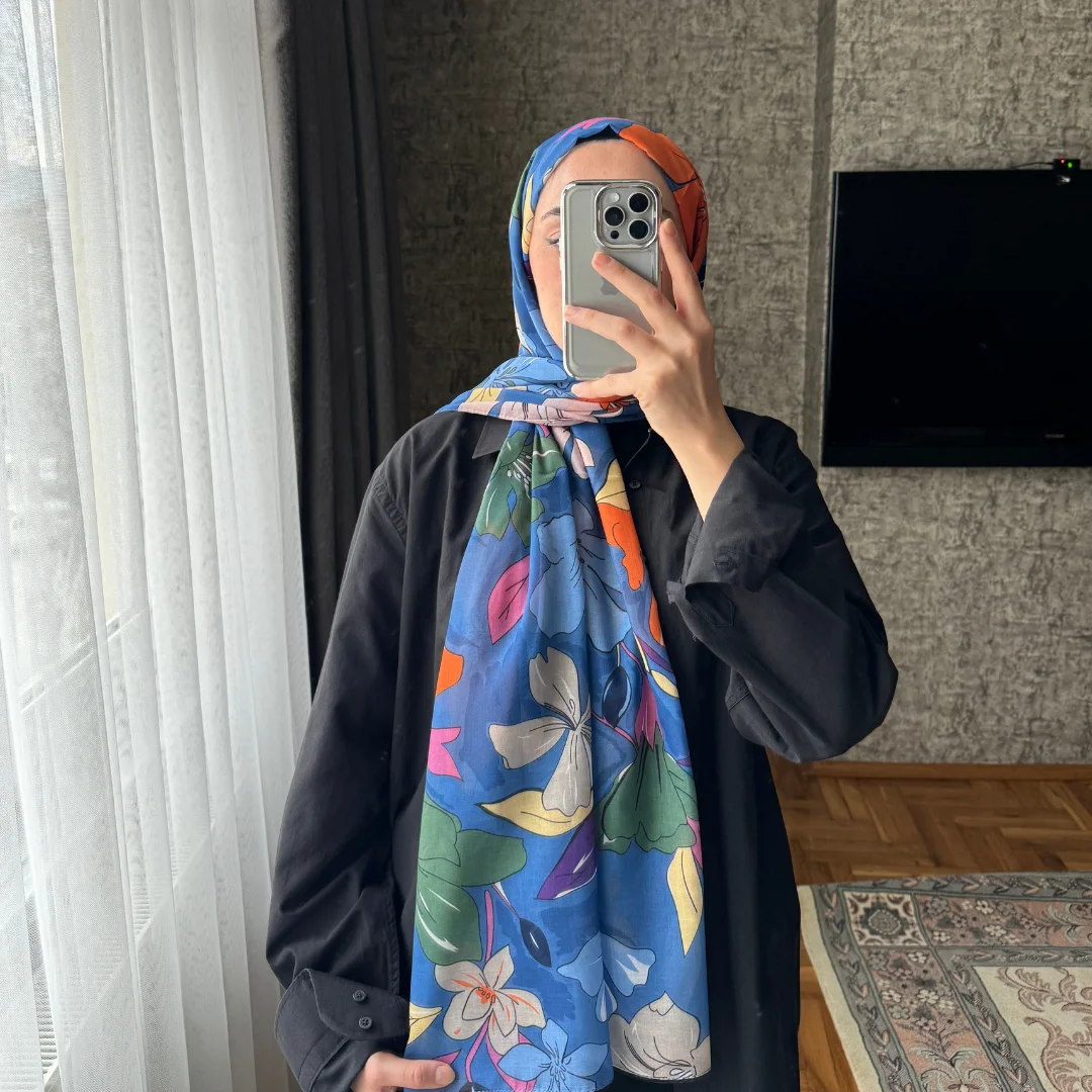 soft pamuk desenli viskon şal turuncu mavi nisa scarf